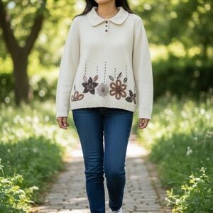 Alfred Dunner Cream Sweater with Floral Accents